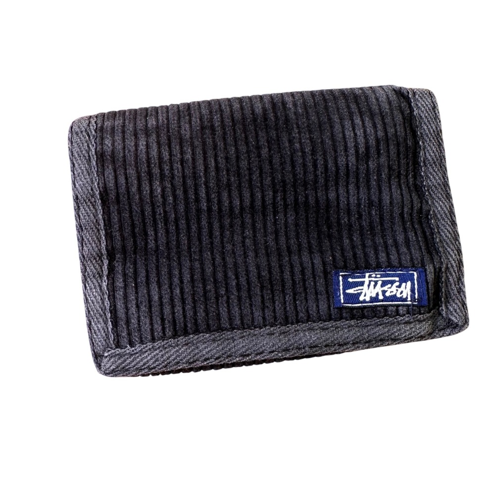 Stussy Corduroy Trifold Wallet Black Grey Streetwear Skate Logo Patch